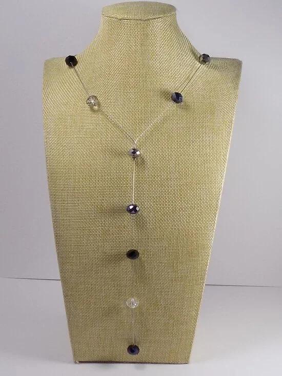 Ali-Khan New York Y Drop Necklace Silver-tone Long 34" Faceted Crystal Beads - Picture 1 of 8